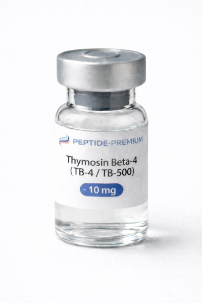 Flacon de peptide Thymosin Beta-4 (TB-4 / TB-500) dosé à 10 mg, utilisé pour des applications scientifiques ou médicales.