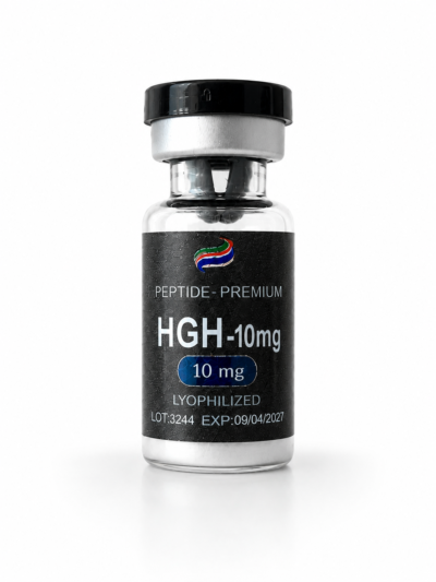 Fiole HGH-10mg PEPTIDE-PREM!UM sur fond blanc